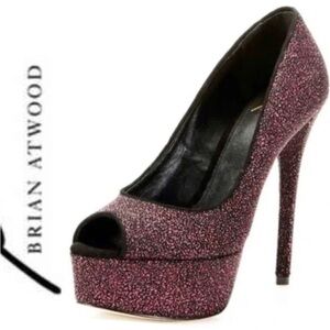 B Brian Atwood Bambola Peep Toe Fuchsia Sparkle Tall Stiletto Platform Sz 10